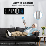 Large Digital Wall Clock with Remote Control, Temperature, Date, Week Display, Memory Function, Dual Alarms, and LED Wall Mount