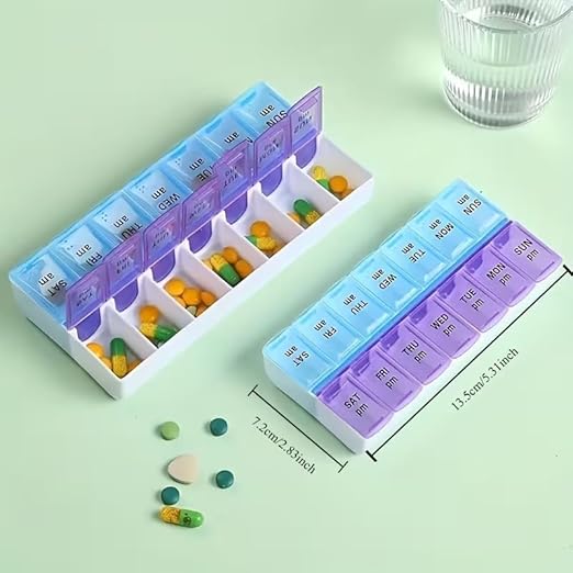 Click to see full view Only 15 left 7 Day Weekly AM PM Pill Organizer, Large Capacity Case Pill Box for Pills Vitamin Supplements Medication,Portable, Small, Blue