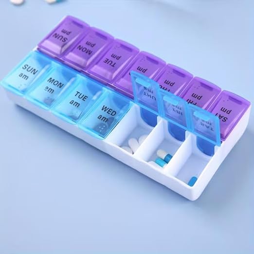 Click to see full view Only 15 left 7 Day Weekly AM PM Pill Organizer, Large Capacity Case Pill Box for Pills Vitamin Supplements Medication,Portable, Small, Blue