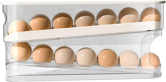 Automatic Double-Layer Egg Cup, Keeps Eggs Fresh, Sliding Container Holds 12-14 Eggs - Hinged Design, Plastic