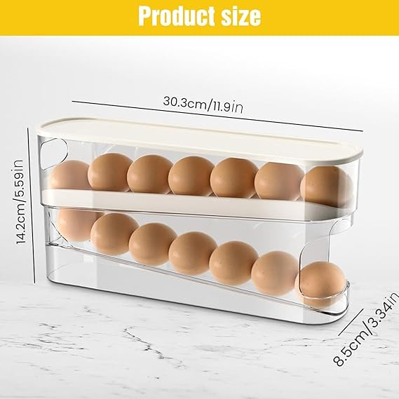 Automatic Double-Layer Egg Cup, Keeps Eggs Fresh, Sliding Container Holds 12-14 Eggs - Hinged Design, Plastic