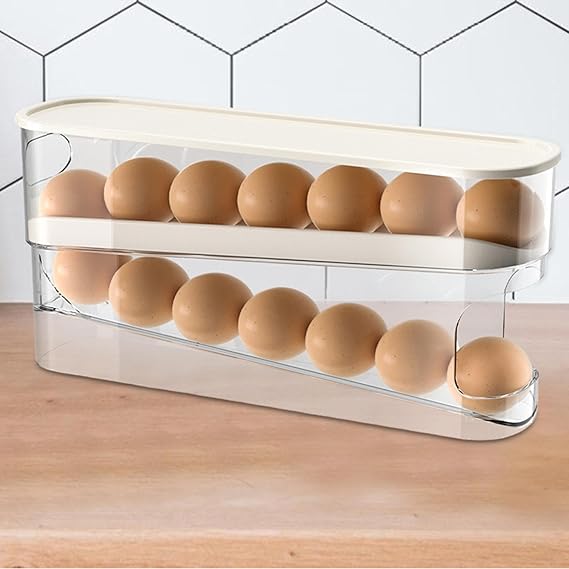 Automatic Double-Layer Egg Cup, Keeps Eggs Fresh, Sliding Container Holds 12-14 Eggs - Hinged Design, Plastic