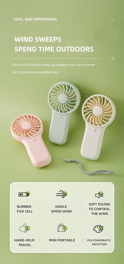 Handheld Fan, Portable Mini Fan Battery Powered (No Built-In Battery), Lightweight Pocket Fan for Travel, Makeup, Lash, Office, Outdoor（green）