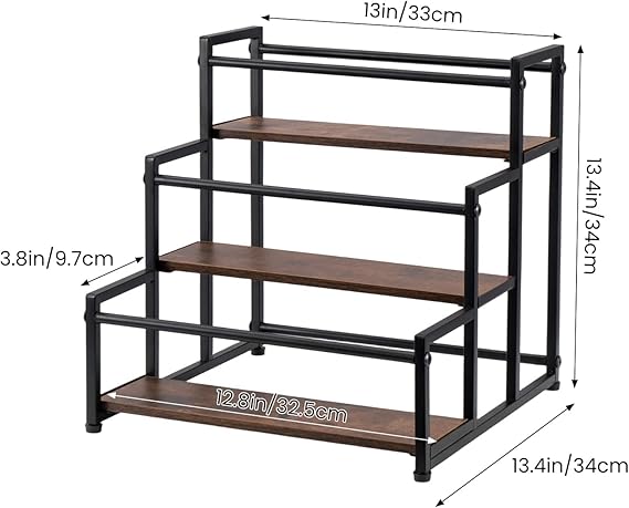 EVERGOODS 3-Tier Bottle Organizer – Rustic Wood Base & Metal Frame, Coffee Bar, Kitchen Countertop & Cafe Station Storage for Wine, Condiments & Beverages