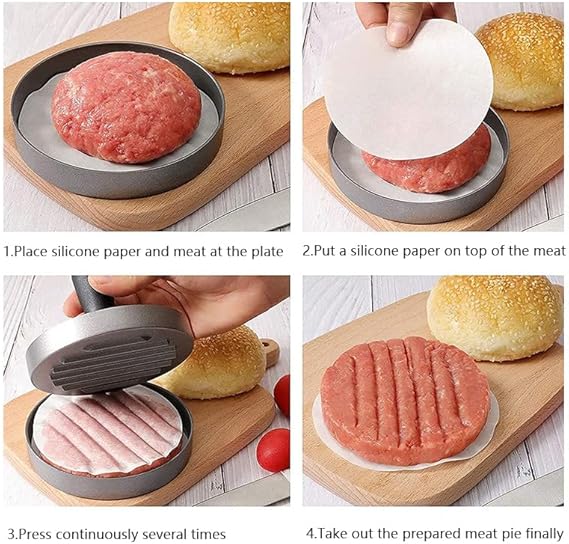 Non-Stick Aluminum Burger Press, Burger Press Machine, Hamburger Patty Maker with 100 Wax Disc Papers, Burger Maker with ABS Handle, for Making Stuffed Pocket Burgers Baking Beef Grill BBQ