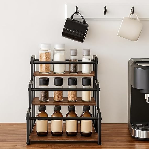 EVERGOODS 3-Tier Bottle Organizer – Rustic Wood Base & Metal Frame, Coffee Bar, Kitchen Countertop & Cafe Station Storage for Wine, Condiments & Beverages