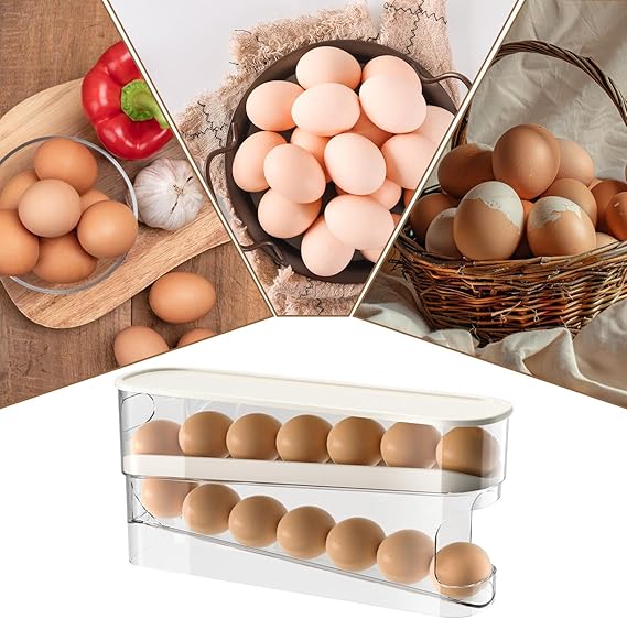 Automatic Double-Layer Egg Cup, Keeps Eggs Fresh, Sliding Container Holds 12-14 Eggs - Hinged Design, Plastic