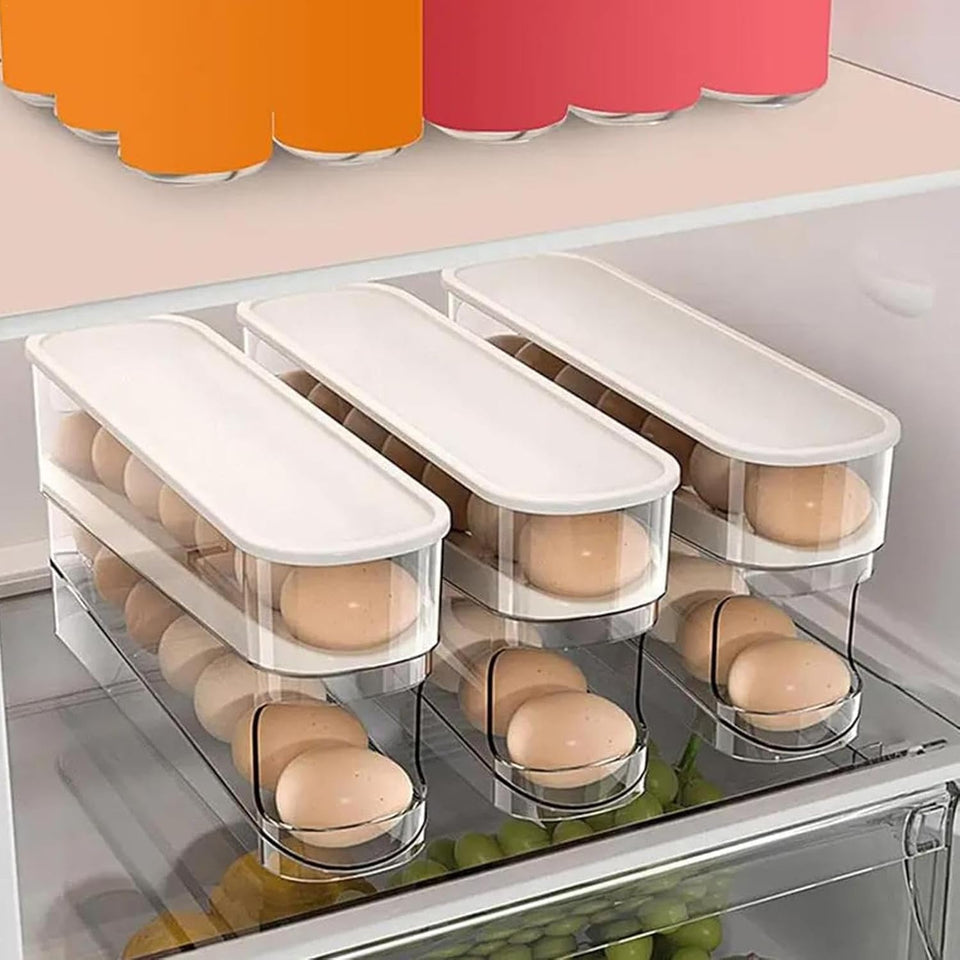 Automatic Double-Layer Egg Cup, Keeps Eggs Fresh, Sliding Container Holds 12-14 Eggs - Hinged Design, Plastic