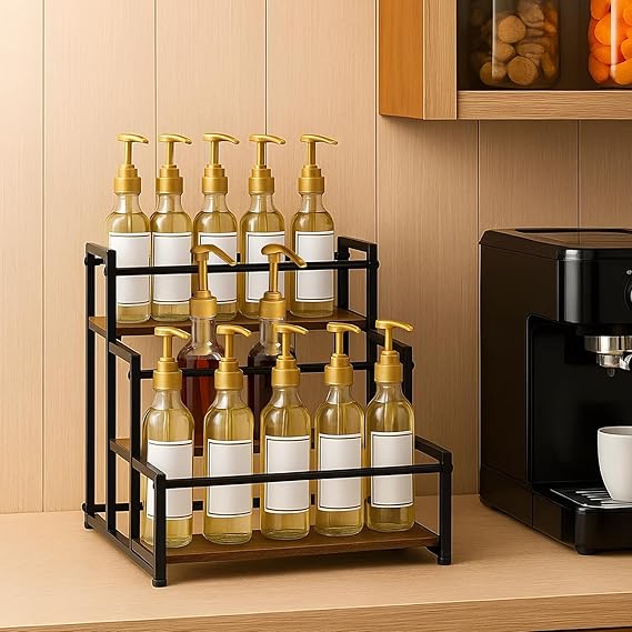 EVERGOODS 3-Tier Bottle Organizer – Rustic Wood Base & Metal Frame, Coffee Bar, Kitchen Countertop & Cafe Station Storage for Wine, Condiments & Beverages