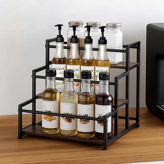 EVERGOODS 3-Tier Bottle Organizer – Rustic Wood Base & Metal Frame, Coffee Bar, Kitchen Countertop & Cafe Station Storage for Wine, Condiments & Beverages