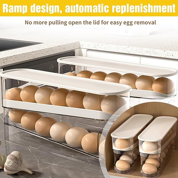 Automatic Double-Layer Egg Cup, Keeps Eggs Fresh, Sliding Container Holds 12-14 Eggs - Hinged Design, Plastic